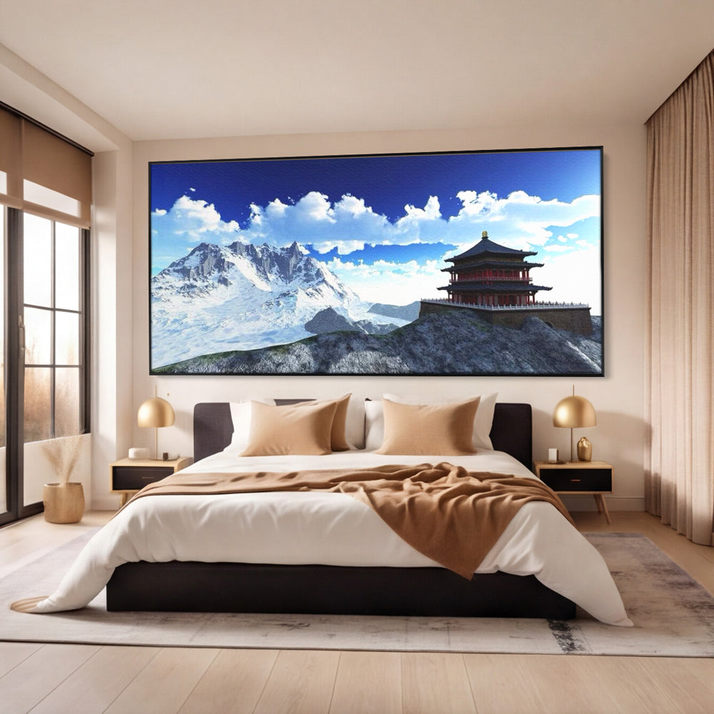 Tablou canvas cu tablou canvas cu templu si munti, in rama de aluminiu negru, pe perete intr-un dormitor